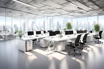 Craft a 3D rendering of a modern white office that emphasizes a tech-savvy atmosphere. Include elements such as large computer monitors, innovative gadgets, and high-tech accessories. Use creative lig