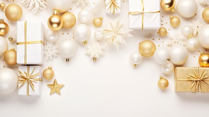  a white and gold christmas background with presents and snowflakes.  generative ai