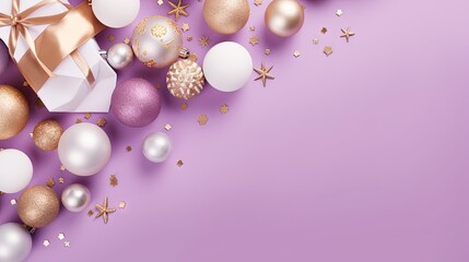  a purple background with gold and white ornaments and a gift box.  generative ai