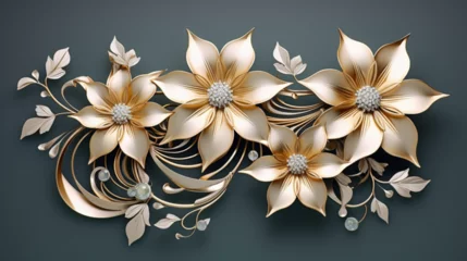 Foto op Plexiglas Illustration de fleurs argentées et dorées sur un fond de couleur argent. Arrière-plan et fond pour conception et création graphique. © FlyStun