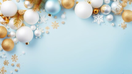 Naklejka na ściany i meble a blue background with gold and white ornaments and snowflakes. generative ai