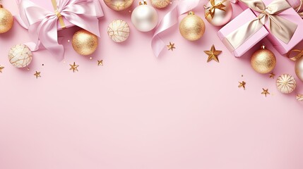  a pink and gold christmas background with presents and ornaments on a pink background.  generative ai