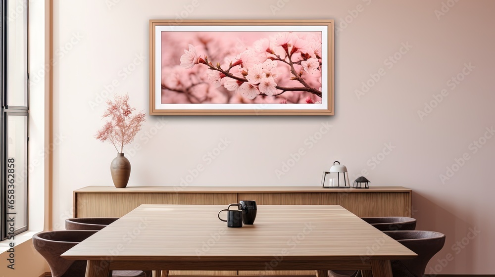 Poster a picture of a table with a vase of flowers on it. generative ai