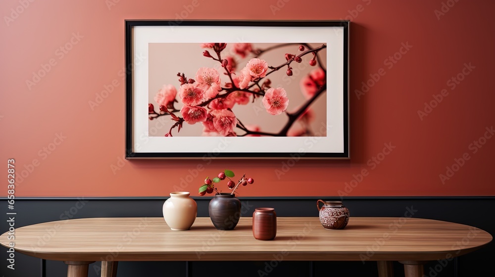 Poster a table with vases and a picture hanging on the wall. generative ai