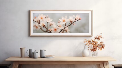  a picture of a branch with white flowers in a wooden frame.  generative ai