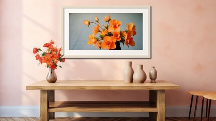  a table with vases and flowers on it in a room.  generative ai
