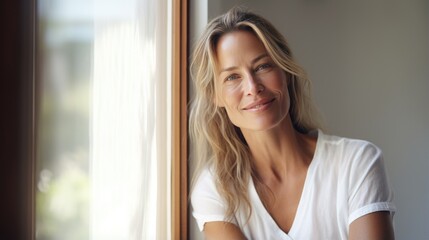 Beautiful 45 year old happy woman in loose home clothes at the window. Portrait of a smiling lady. Feminine beauty. - obrazy, fototapety, plakaty