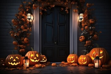 Front Door Decorated With Halloween Items And Pumpkins. Сoncept Halloween Decor, Pumpkin Decorations, Front Door Ideas, Festive Home Entrance
