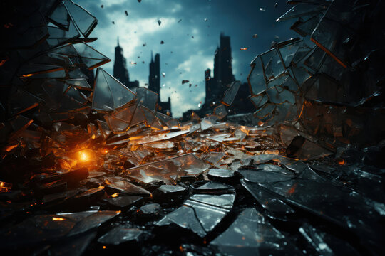A shattered glass skyscraper facade after a hailstorm, depicting the destruction caused by extreme weather. Concept of hailstorm damage. Generative Ai.