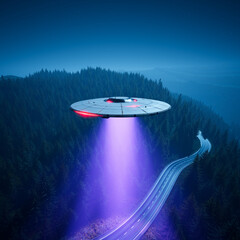 Alien flying saucer hovering over a lush coniferous forest during the night.