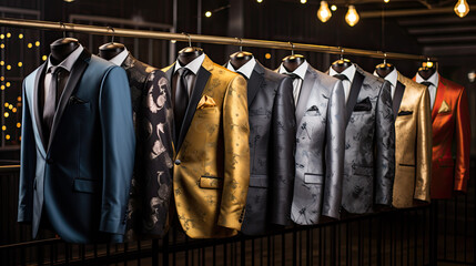 Formal suits hang on a clothes rack