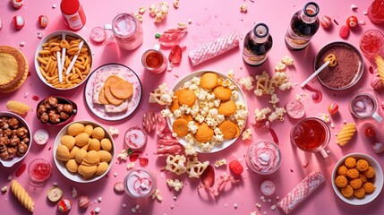  a pink table topped with lots of food and drinks next to a bowl of popcorn.  generative ai - obrazy, fototapety, plakaty