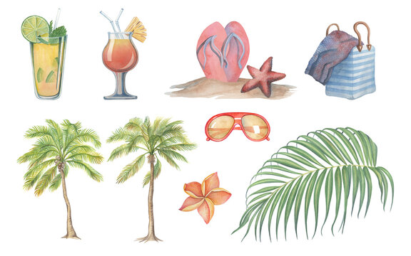 Large watercolor tropical beach set. Glasses with soft drinks, palm trees, palm leaves, beach bag, flip-flops, sunglasses, plumeria flowers. Handmade work. Isolated.