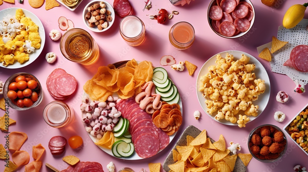 Poster a table topped with plates of food next to cups of drinks. generative ai