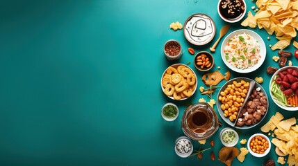  a table topped with bowls of food next to chips and dips.  generative ai