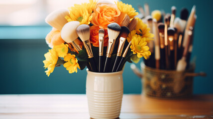 makeup brushes and cosmetics on table in beauty salon - obrazy, fototapety, plakaty