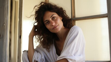 Fototapeta premium Beautiful 45 year old happy woman in loose home clothes at the window. Portrait of a smiling lady. Feminine beauty.