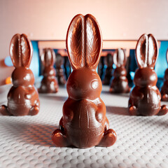 Close-up shot of cute chocolate bunnies on a production line in a factory