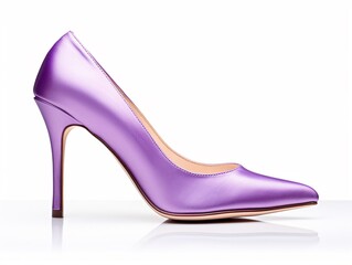 Pair of dress women shoes isolated over white, silky shiny purple high heeled stilettos isolated on...