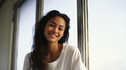 Beautiful 28 year old happy woman in loose home clothes at the window. Portrait of a smiling lady. Feminine beauty.