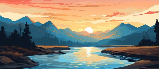 Fototapeta na wymiar Sunset background featuring a mountain river landscape