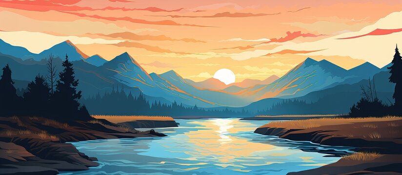 Sunset background featuring a mountain river landscape