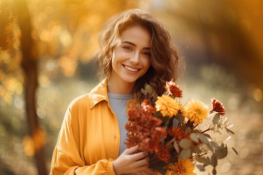 A stylish and elegant young woman enjoys the beauty of autumn in the park, her happy smile matching the vibrant fall foliage. - Powered by Adobe