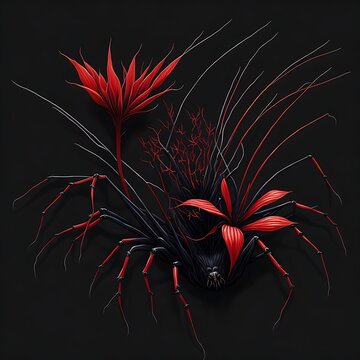 Creepy Spider and Red Spider Lily Flower Illustration. Generative Ai