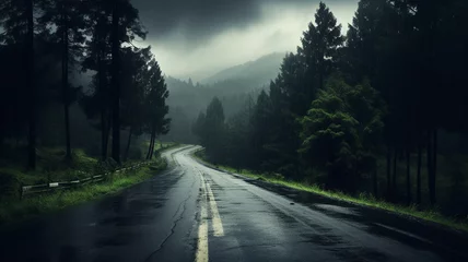 Foto op Plexiglas dark foggy forest road with green trees and fog © Vahagn