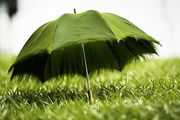 A image of Green umbrella in the rain on a background of green grass, close up Generative AI - obrazy, fototapety, plakaty