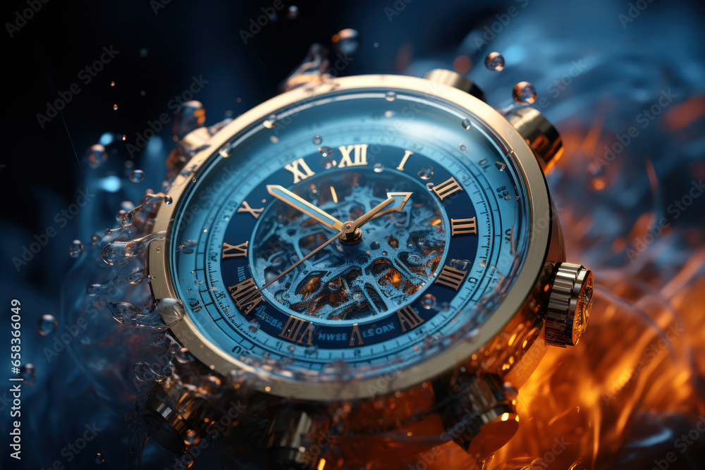 Poster a stopwatch frozen in mid-tick, capturing a moment of suspended time in the midst of a race. concept