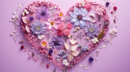  a heart shaped arrangement of flowers on a purple background with a pink background.  generative ai