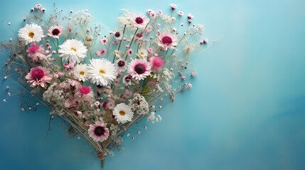  a heart shaped arrangement of daisies and other flowers on a blue background.  generative ai