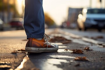A image of Man walking on the street at sunset, closeup of male legs Generative AI