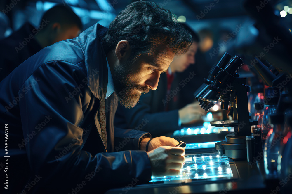 Poster a scientist peering through a microscope, studying cellular processes that occur in fractions of a s