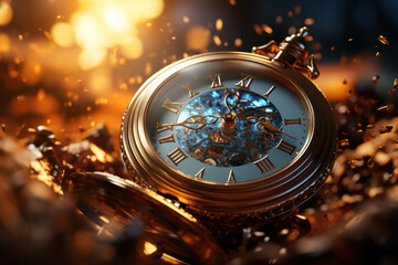 A vintage pocket watch suspended in mid-air, symbolizing the delicate balance of past, present, and future. Concept of temporal equilibrium. Generative Ai.
