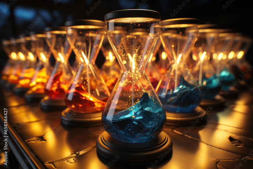 Poster a series of hourglasses of varying sizes, representing the relativity of time across different conte