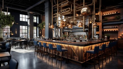 a trendy urban bar, showcasing a mix of industrial metals and vibrant, textured seating for a lively atmosphere - obrazy, fototapety, plakaty