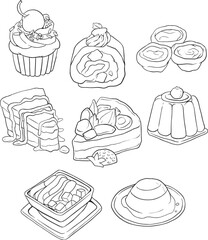 Vector collection of sweets, cakes, sweets, desserts. Isolated hand drawings on a white background. line vector set 