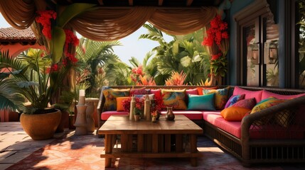 a tropical outdoor lounge with vibrant textiles and exotic decor, capturing the spirit of a paradise retreat