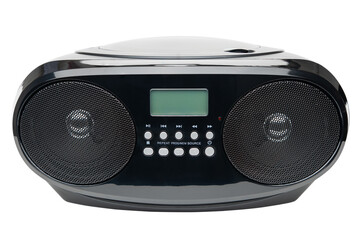 CD Player. Old fashioned retro CD Boombox with speakers. Play CDs, listen AM FM radio music. Connect your smartphone, tablet, audio device. AUX input. Headphone output for private listening music