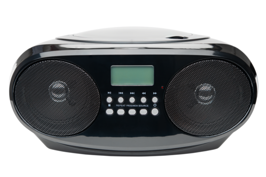 CD Player. Old fashioned retro CD Boombox with speakers. Play CDs, listen AM FM radio music. Connect your smartphone, tablet, audio device. AUX input. Headphone output for private listening music