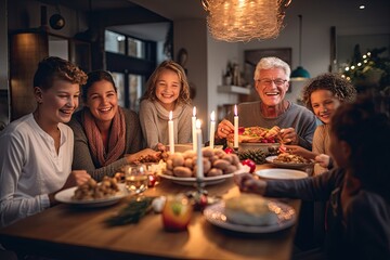 A festive family dinner with multiple generations, celebrating together indoors, sharing smiles, and enjoying a joyful meal. - obrazy, fototapety, plakaty