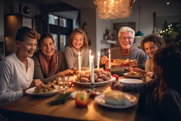 Fotobehang A festive family dinner with multiple generations, celebrating together indoors, sharing smiles, and enjoying a joyful meal. © Andrii Zastrozhnov