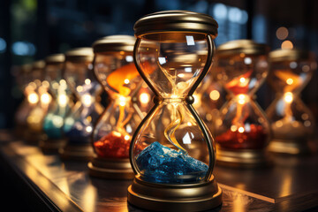 A series of interconnected hourglasses symbolizing the continuity of time's flow from one era to the next. Concept of historical evolution. Generative Ai.