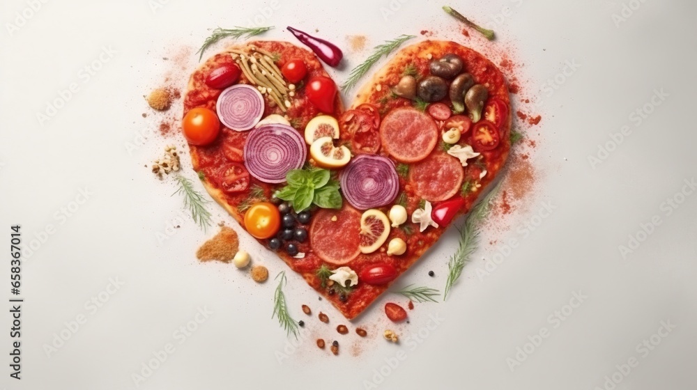 Poster a heart shaped pizza with various toppings on top of it. generative ai