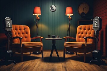 A photo of Two orange leather armchairs in a studio. Barbershop interior. Generative AI
