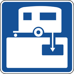 Transparent PNG of a Vector graphic of a blue usa RV Sanitary Station mutcd highway sign. It consists of a silhouette of a trailer and a drain contained in a blue square