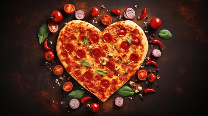  a heart shaped pizza with pepperoni, tomatoes, onions, and basil.  generative ai