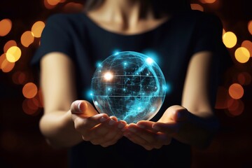 a shot of Close up of businesswoman holding global network hologram in her hands Generative AI